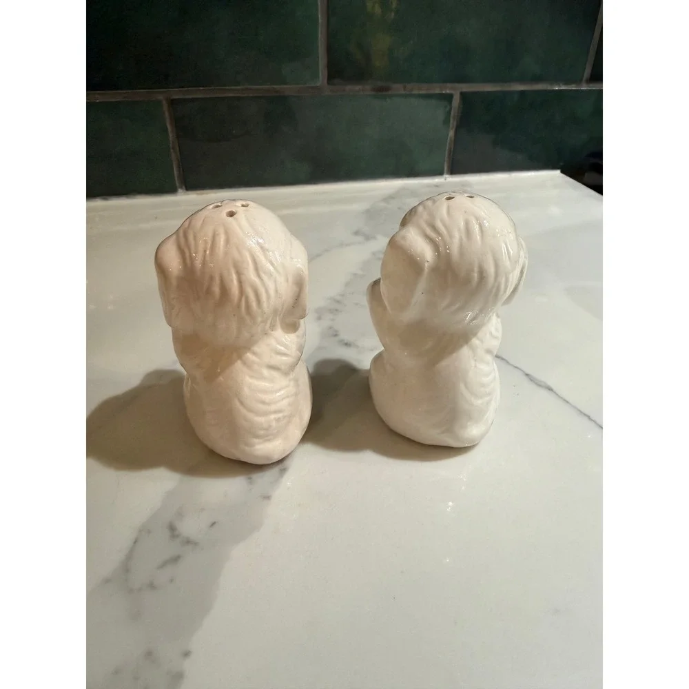 Vintage Ceramic Puppy Dog Salt and Pepper Shakers White Pink Blue Bows Set of 2
